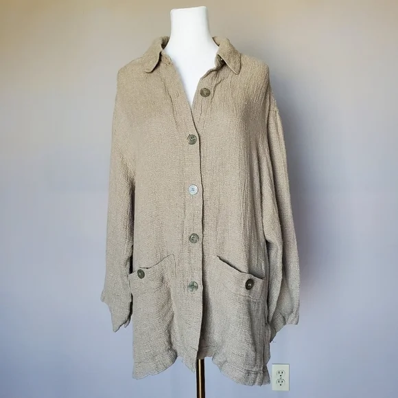 Vintage Liz Sport Liz Claiborne Lagenlook Boho Linen Button Down Shacket Jacket - Picture 1 of 9